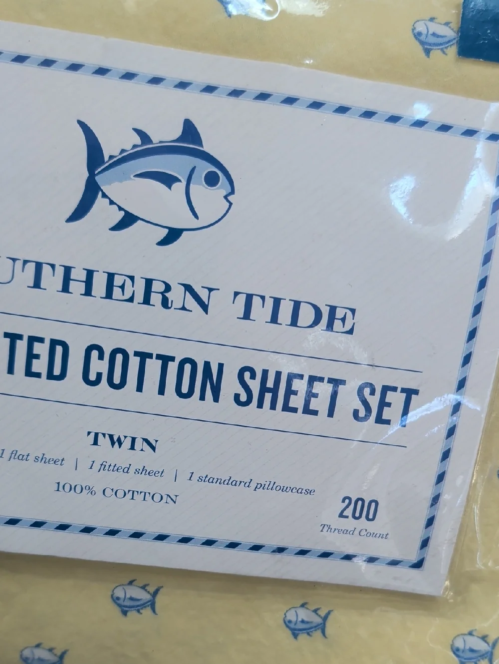 Southern Tide Skipjack Twin Light Yellow Cotton Sheet with Blue Fish Print